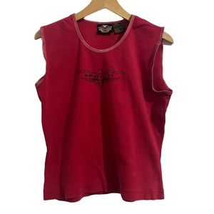 Vintage Y2K Harley Davidson Red Motorcycle Embroidered Tank Womens Large ?